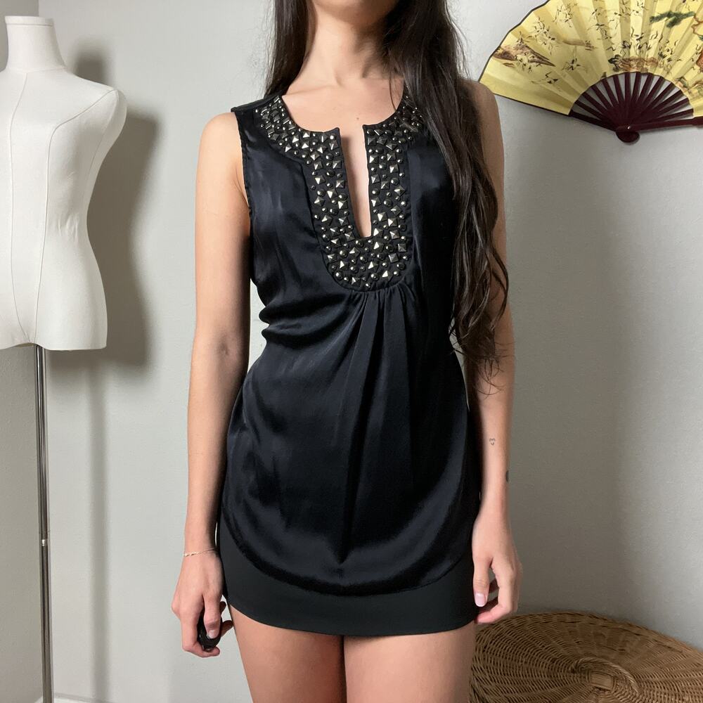 y2k hale bob black silk boho pyramid studded v neck tie flowy blouse tank top